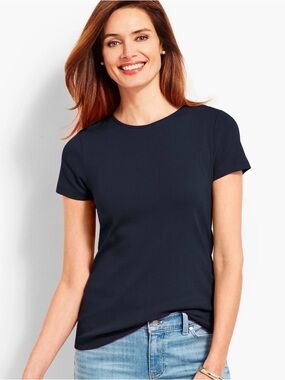 Talbots Pima Cotton Short Sleeve Crewneck Tee Shirt Navy Blue Sz MP Casual Basic
